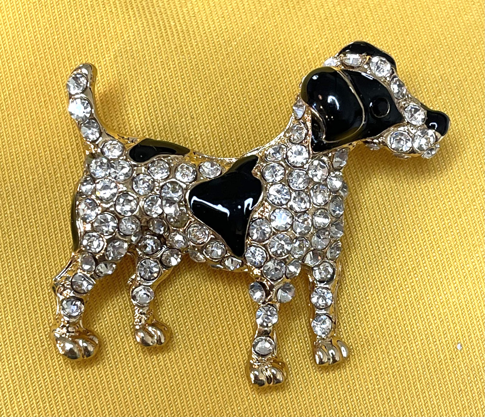 NWOT Dog Puppy Brooch Pin Gold Toned Clear Rhinestone Black Enamel Lapel Pin